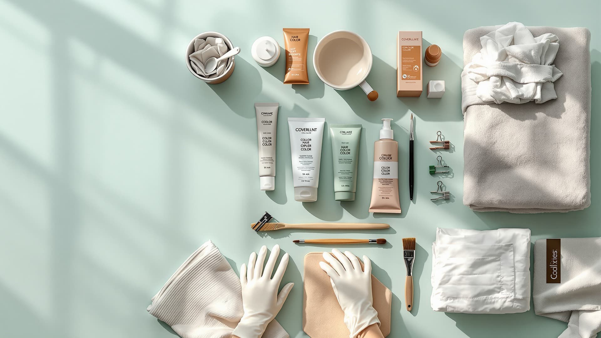 Professional hair color products, developer, and application tools arranged on a clean surface