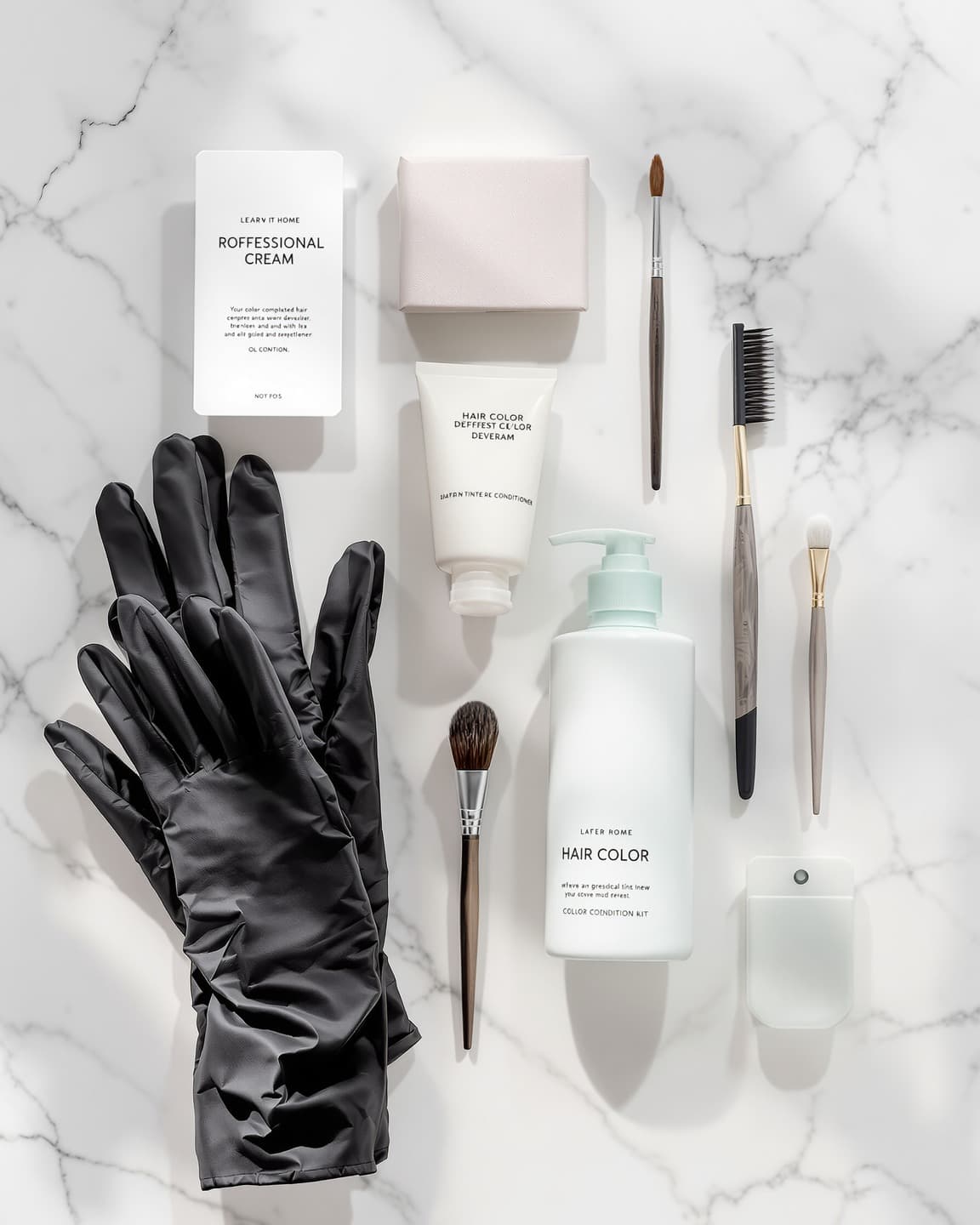 A complete hair color application kit: color tube, developer, gloves, brush, instructions, and aftercare